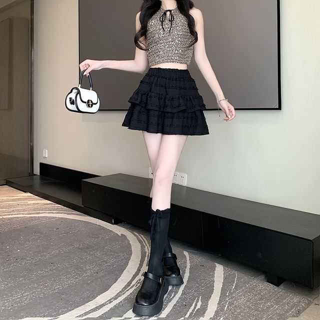 Waist Balletcore Elastic Tiered A-Line Skirt Plain Mini