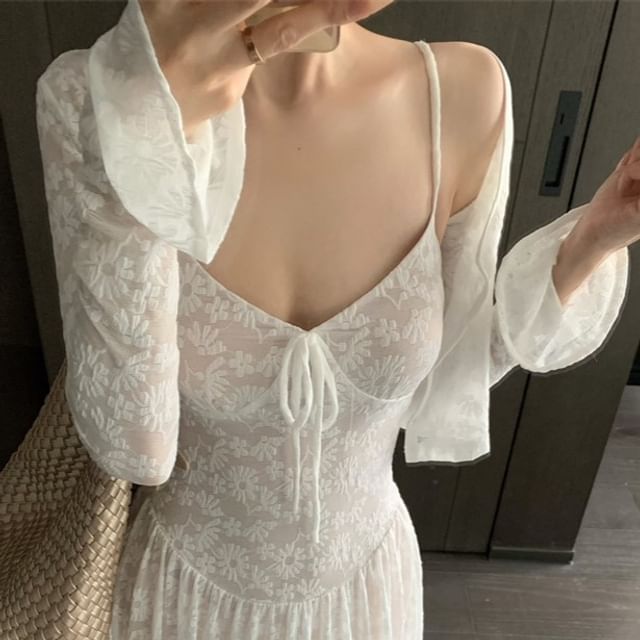 A-Line Jacquard / Bolero Maxi Floral Dress Spaghetti Strap