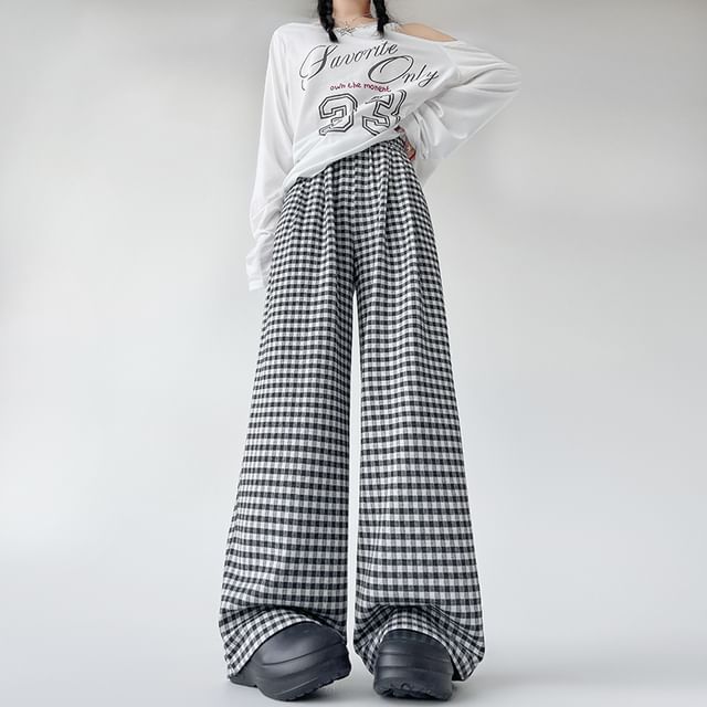 Elastic Wide Pants Leg (Various Plaid Waist Designs)