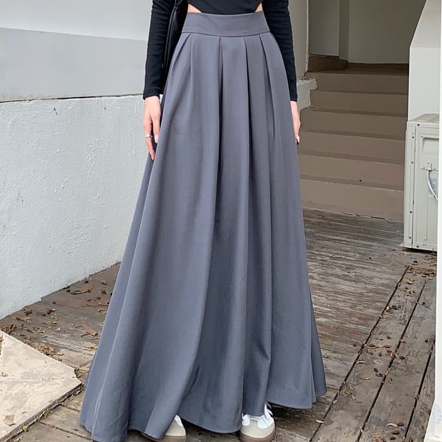 Plain High Pleated Skirt A-Line Inverted Maxi Rise