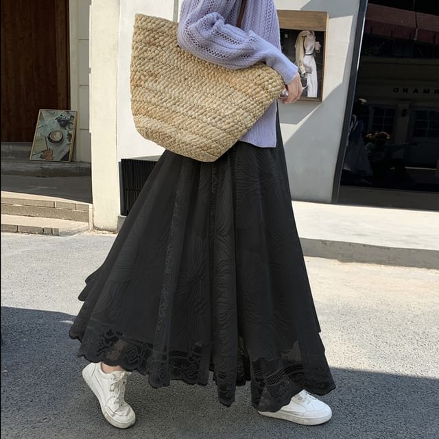 A-Line High Waist Lace Trim Floral Maxi Skirt