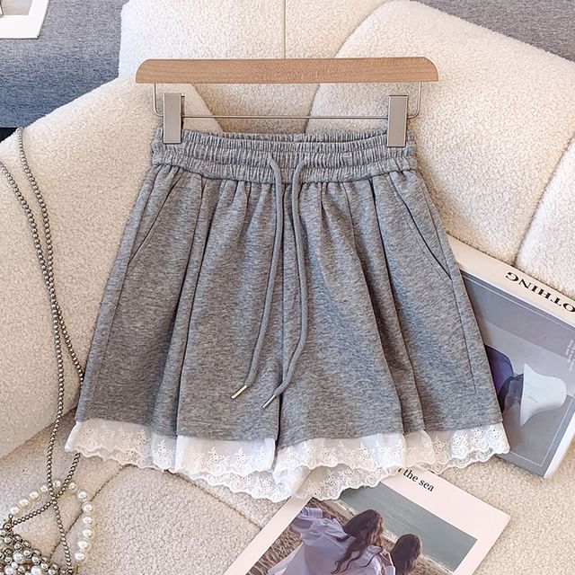 Lace A-Line Plain Mini Waist Skirt Drawstring Trim