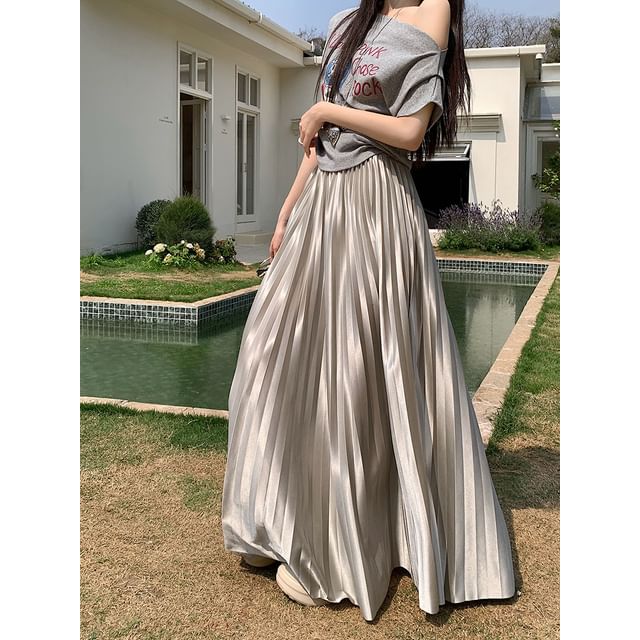 Maxi Plain Skirt Accordion A-Line High Pleated Waist