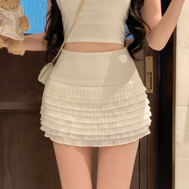 Plain Lace Trim Mini High Skirt Pencil Rise