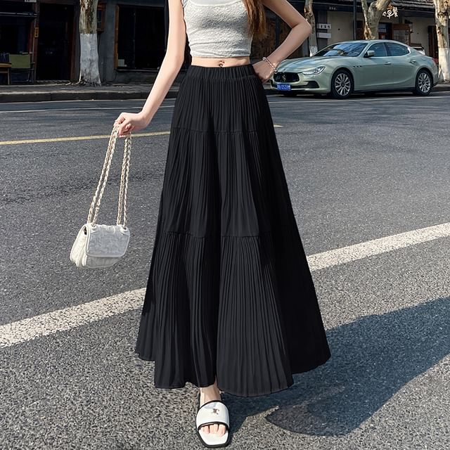 Waist Accordion Maxi High Pleated A-Line Skirt Plain