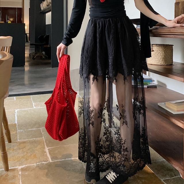 Lace Flower A-Line Embroidered High Waist Maxi Skirt Trim