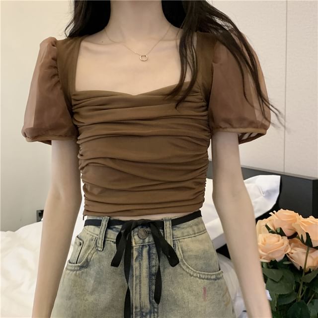 Crop Ruched Plain Fit Top Puff-Sleeve Slim