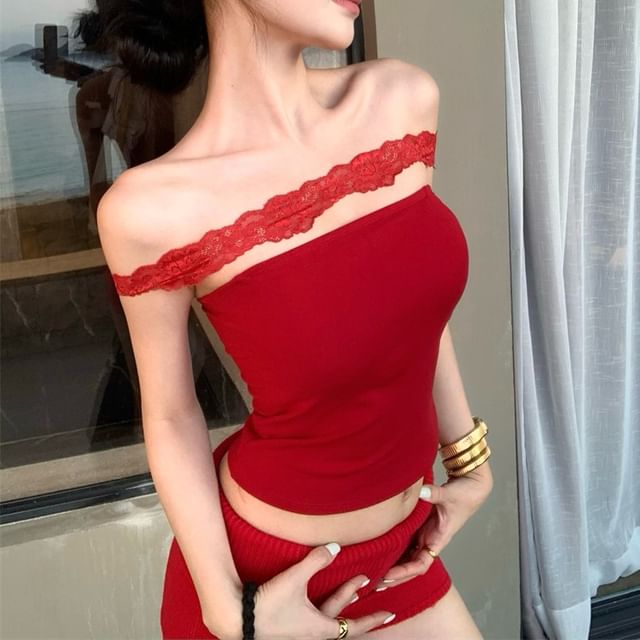 Panel Lace Halter Padded Fit Crop Plain Top Slim