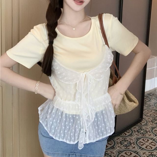 Ruffle Set: Cami Sheer + Plain Crew Tee Short-Sleeve Floral Top Neck