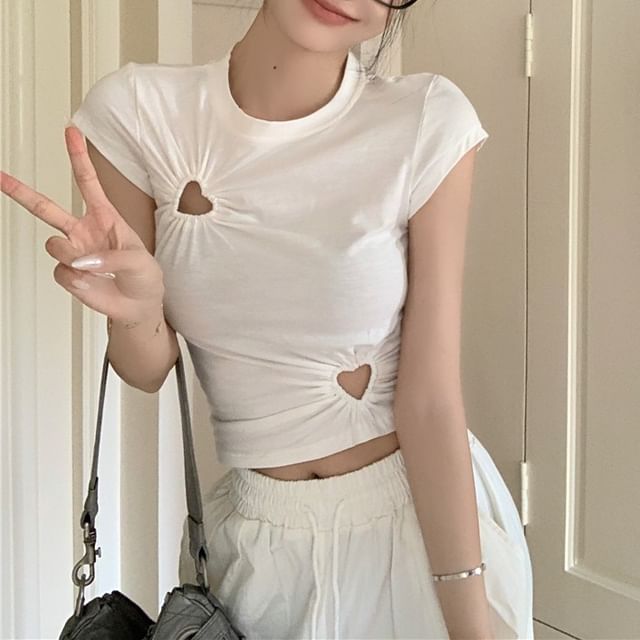 Crew Neck T-Shirt Short-Sleeve Plain Cropped Cutout