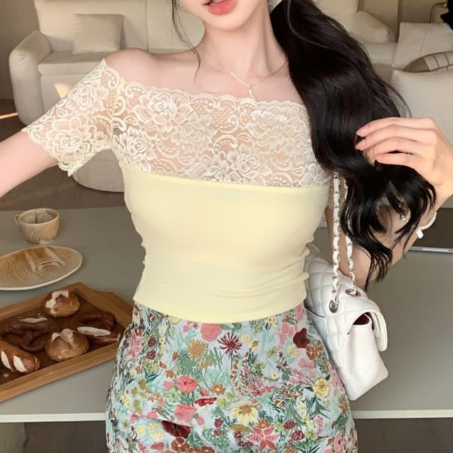 Pencil / Mini Plain Lace Short-Sleeve Skirt Floral Rise Trim Off-Shoulder Tee High