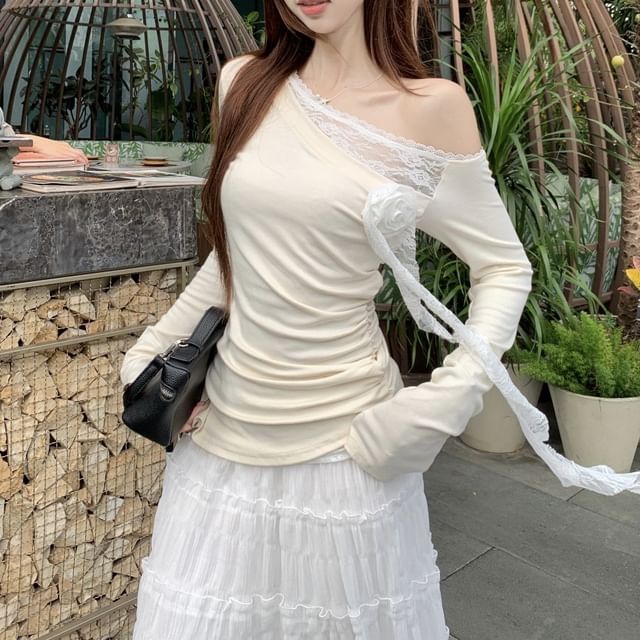 High Lace Plain Long-Sleeve Maxi Rise Ruched A-Line / Trim Asymmetrical One-Shoulder Skirt Tee