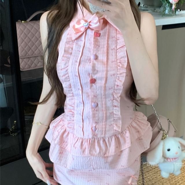 Brooch Bow Mini Set Ruffle Skirt Pencil Blouse / Print High Waist Sleeveless Collared