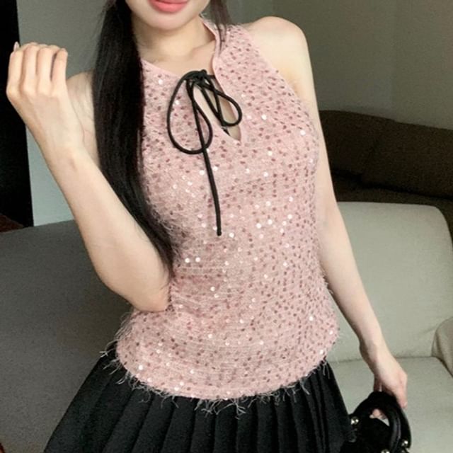 Tie Neck Sleeveless Top Sequin