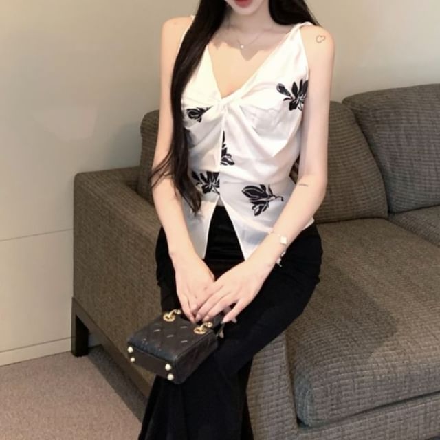 Top Pencil Slit Skirt High Print / Rise Plain V-Neck Floral Maxi Cami