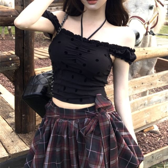 A-Line High Rise Balloon / Mini Plaid Frill Top Cami Dotted Skirt