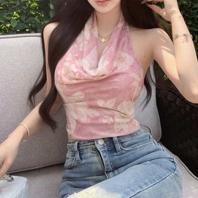 Top Halter Neck Print Cowl Floral