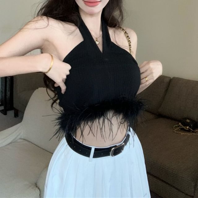 Halter Pleated Top Waist / Maxi Crop A-Line Feather High Skirt Trim Plain