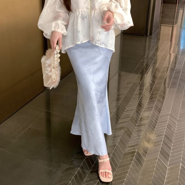 Print Fishtail Maxi Long Blouse Plain Jacquard Collar Waist Stand Peplum Set Sleeve / Floral Camisole Skirt High