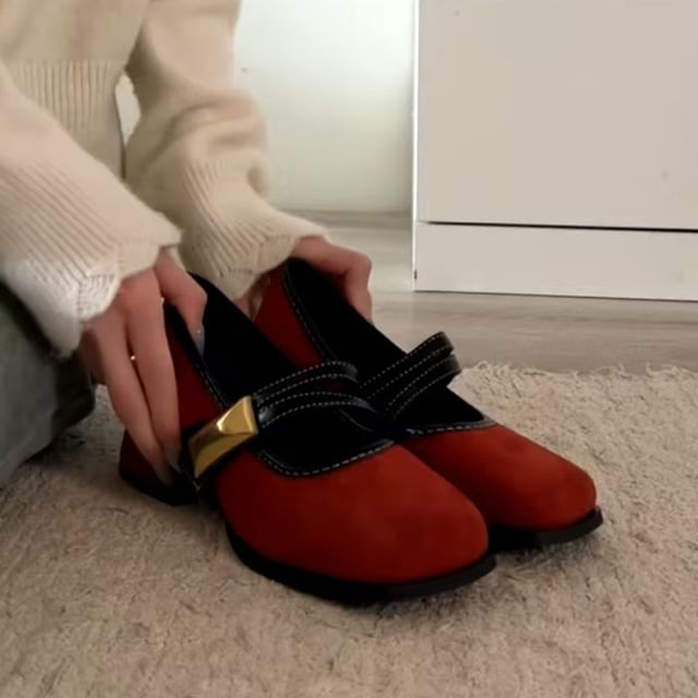 Buckle Heel Jane Metallic Block Mary Shoes