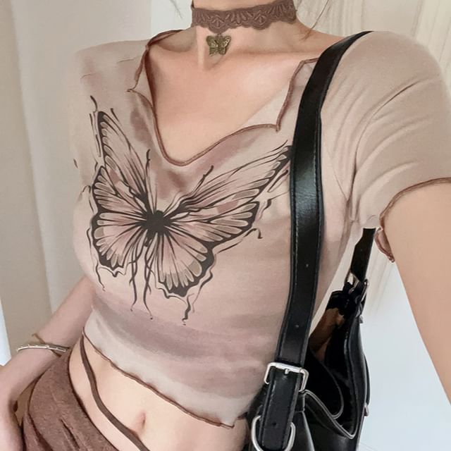 Print Skirt Waist Pencil Mid / Tie-Up Butterfly Sleeve Crop Maxi Tee V-Neck Short