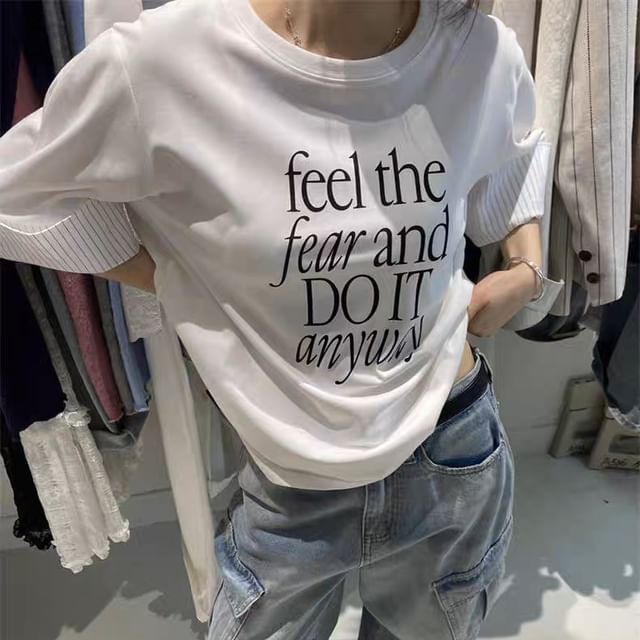 Sleeve T-Shirt Print Striped Round Neck Short Panel Lettering