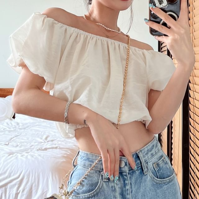 Plain Crop Blouse Shoulder Off Puff-Sleeve
