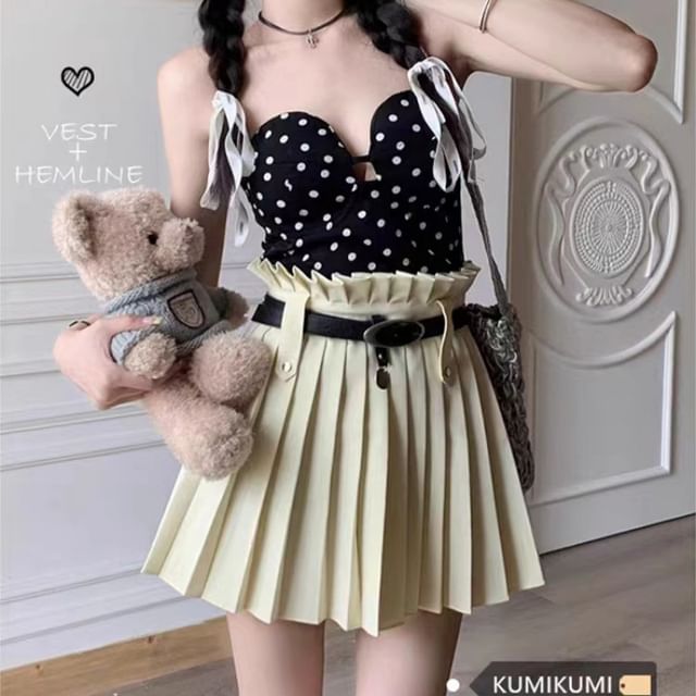 Mini Skirt Plain Rise Belted High Pleated A-Line