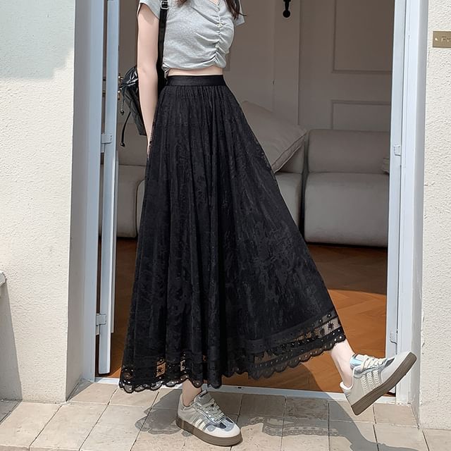 High Lace A-Line Midi Skirt Waist