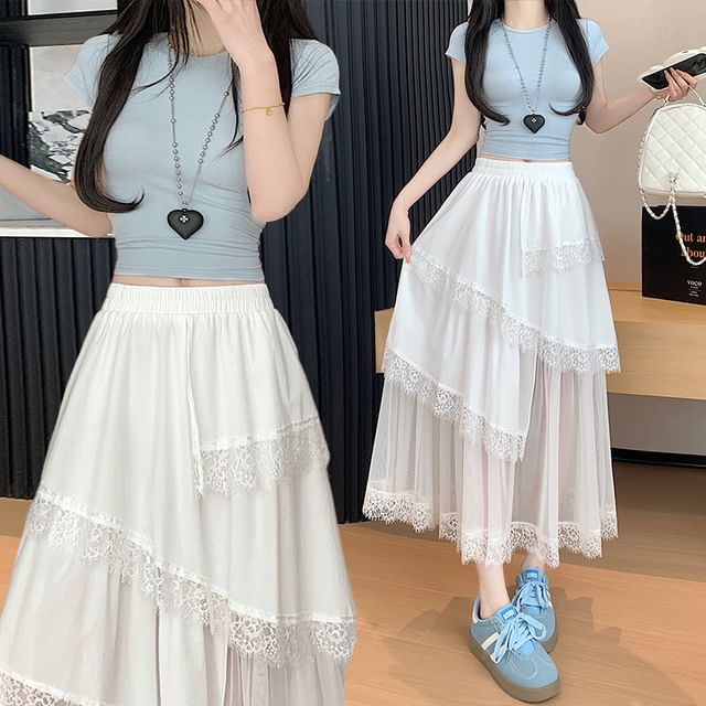 Waist Mesh Midi Trim Skirt A-Line Asymmetrical High Lace Panel
