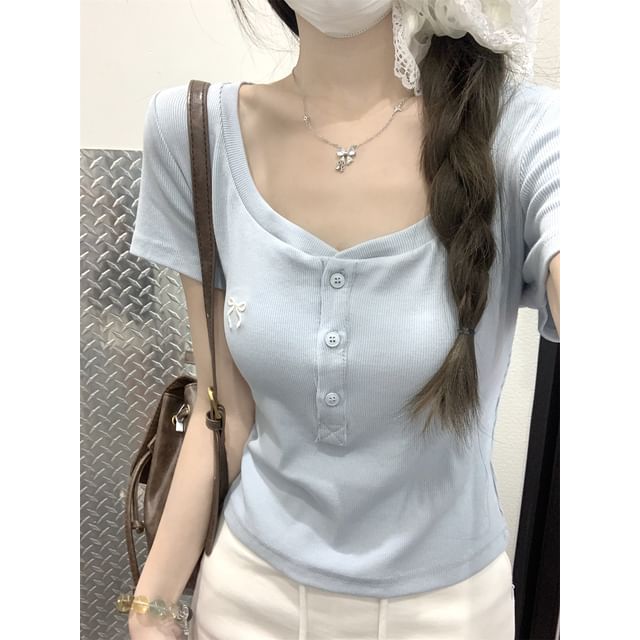 Short-Sleeve Fit Slim Crop Bow T-Shirt Neck Scoop Embroidered