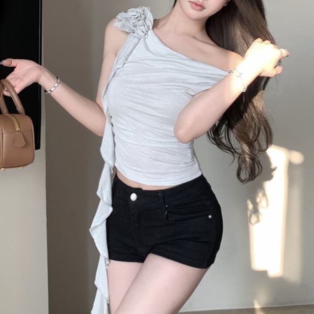 Crop One-Shoulder Plain Top Shirred Floral