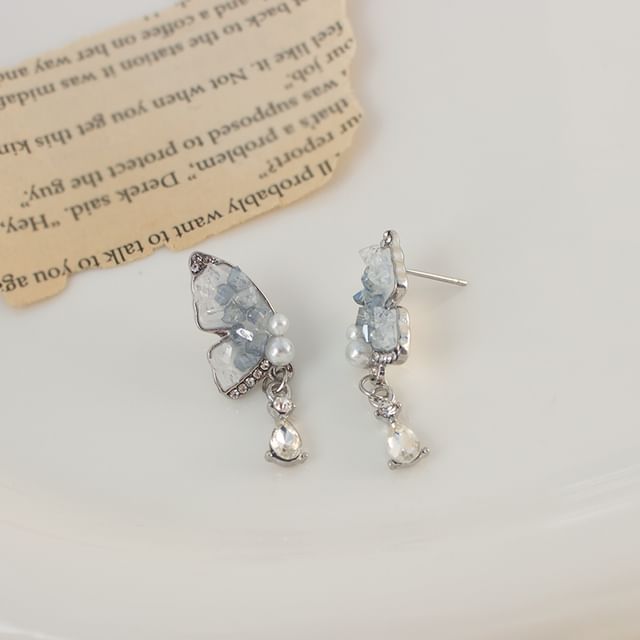 Pearl Earring / Rhinestone Butterfly Drop Clip-On Faux