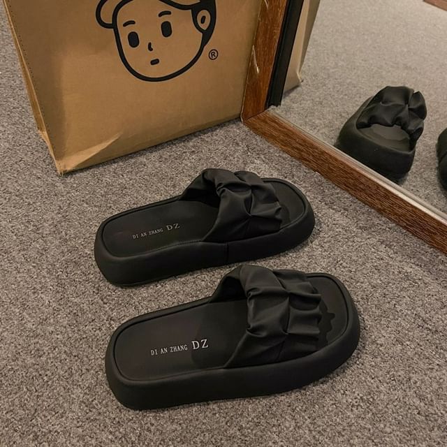 Plain Ruched Slide Platform Leather Faux Sandals