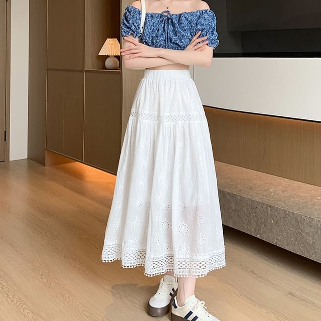 Designs) Embroidered Midi (Various Plain Waist A-Line Skirt Elastic