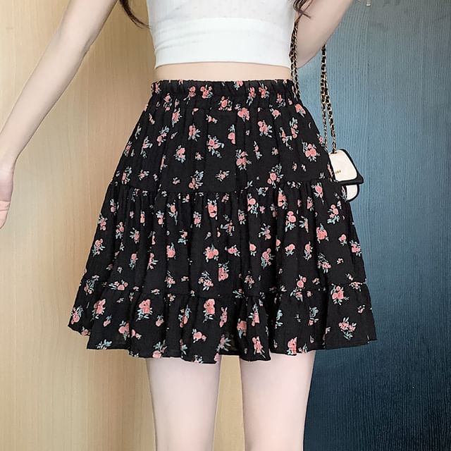 Skirt Tiered Mini Elastic A-Line Waist Floral