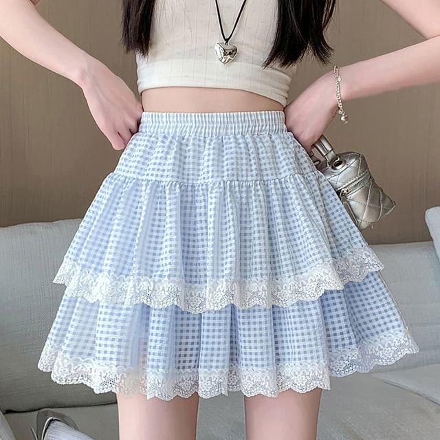 Skirt A-Line Waist Plaid Trim Tiered Mini Lace Elastic