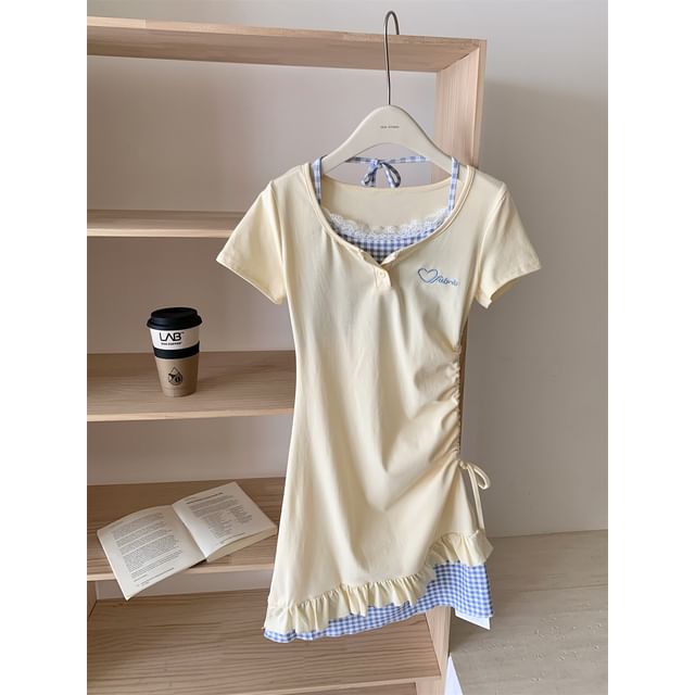 Panel Scoop Two-Piece Heart Mini Mock Short-Sleeve Dress Sheath Drawstring Neck Embroidered Plaid