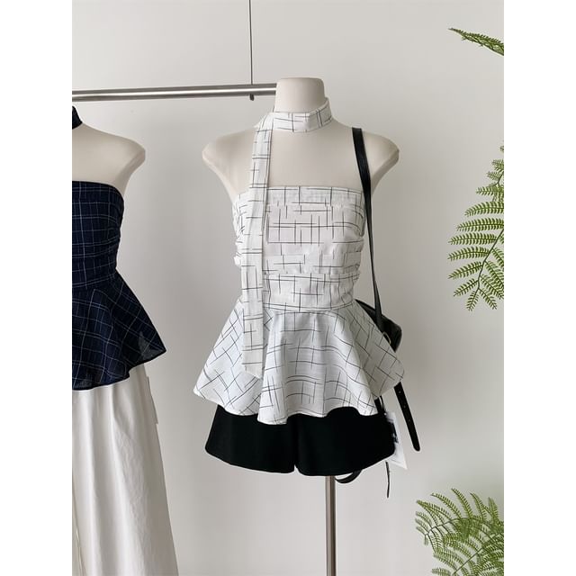 Peplum Set: Plaid + Tube Scarf Top Skinny