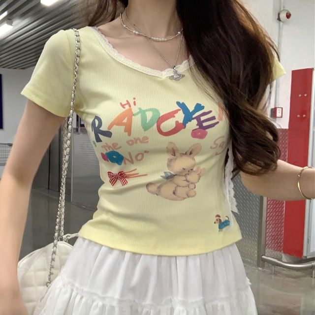 Print Crop Short-Sleeve Tee Crewneck Rabbit
