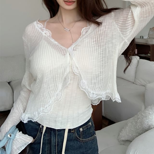 Plain One-Buttoned Cardigan Trim Lace Sheer V-Neck Crop