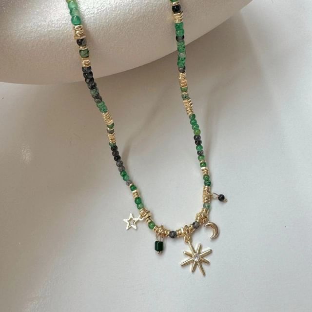 Choker Faux Moon Fringed Pendant / Disc Gemstone Station Bead Alloy Star