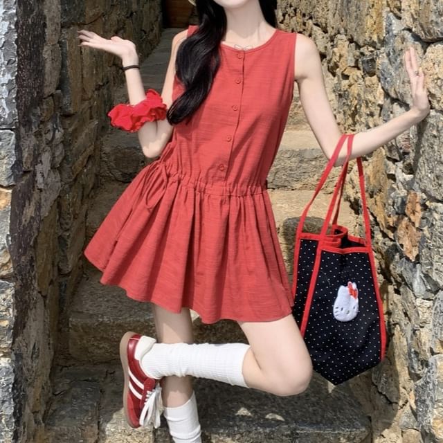 Mini Dress Plain Neck Round Sleeveless A-Line Button