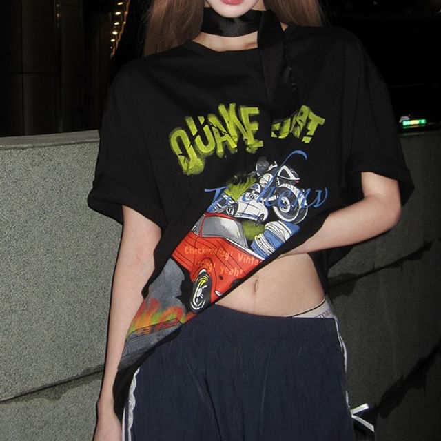 Round Bodycon / Spaghetti Short-Sleeve Strap Print Mini Tee Neck Graphic Dress