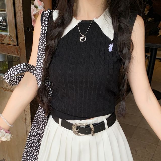 High Waist Skirt / Top Pleated Knit Tank Plain Mini Collar Contrast A-Line