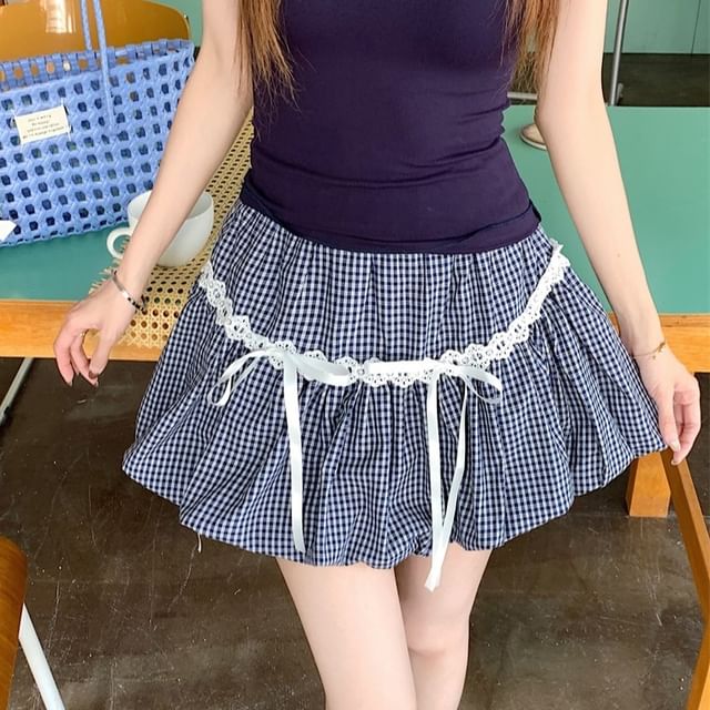 Slim Plaid Fit Trim / Lace Tee Waist Bubble Plain Elastic Bow Scoop Mini Hem Skirt Neck Short-Sleeve A-Line