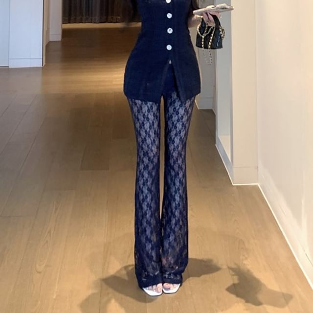 Camisole Bootcut Floral Plain Pants / Slim Button Fit Lace Top