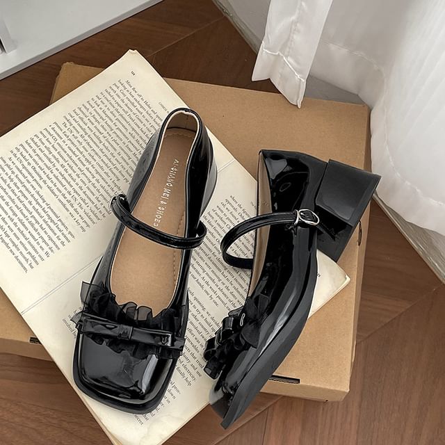 Heel Pumps Jane Toe Frill Square Chunky Trim Mary Bow