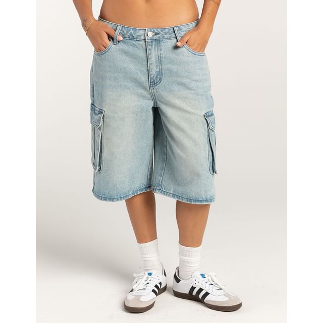 Shorts Waist Pocket Wide-Leg Low Washed Denim