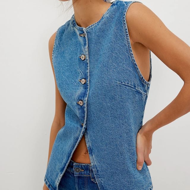 Denim Tank Top Button-Up Slim-Fit Washed